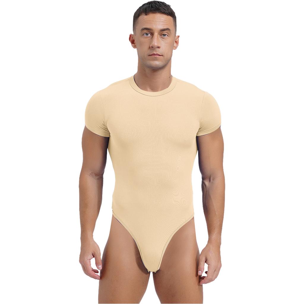 Men's One Piece Thongs Bodysuit Short Sleeve Button Crotch Shirt Leotard Snappies Rompers Jumpsuit