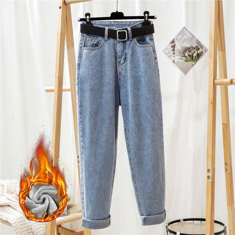 Женские теплые джинсы-карроты из бархата с высокой талией — свободные, универсальные и модные брюки прямого покроя