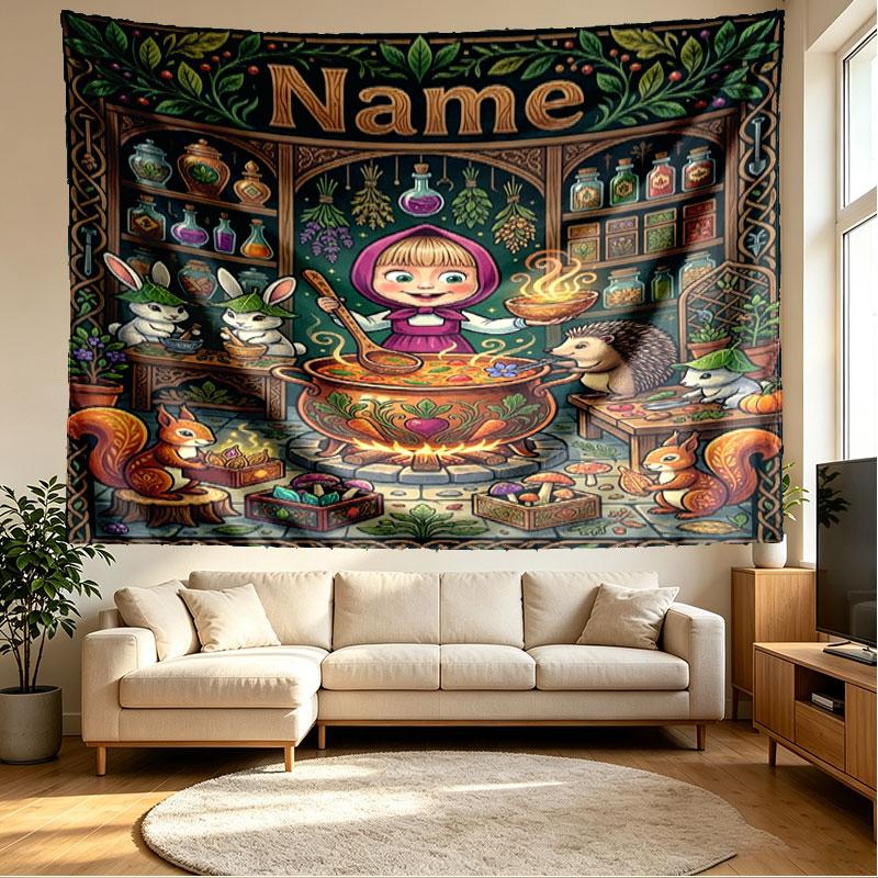 Custom Name Personalized Masha and the Bear Print Tapestry, Wall Art Decor, Bedroom, Dorm, Apartment, LivingRoom, Party Backdrop, Gift for Birthday