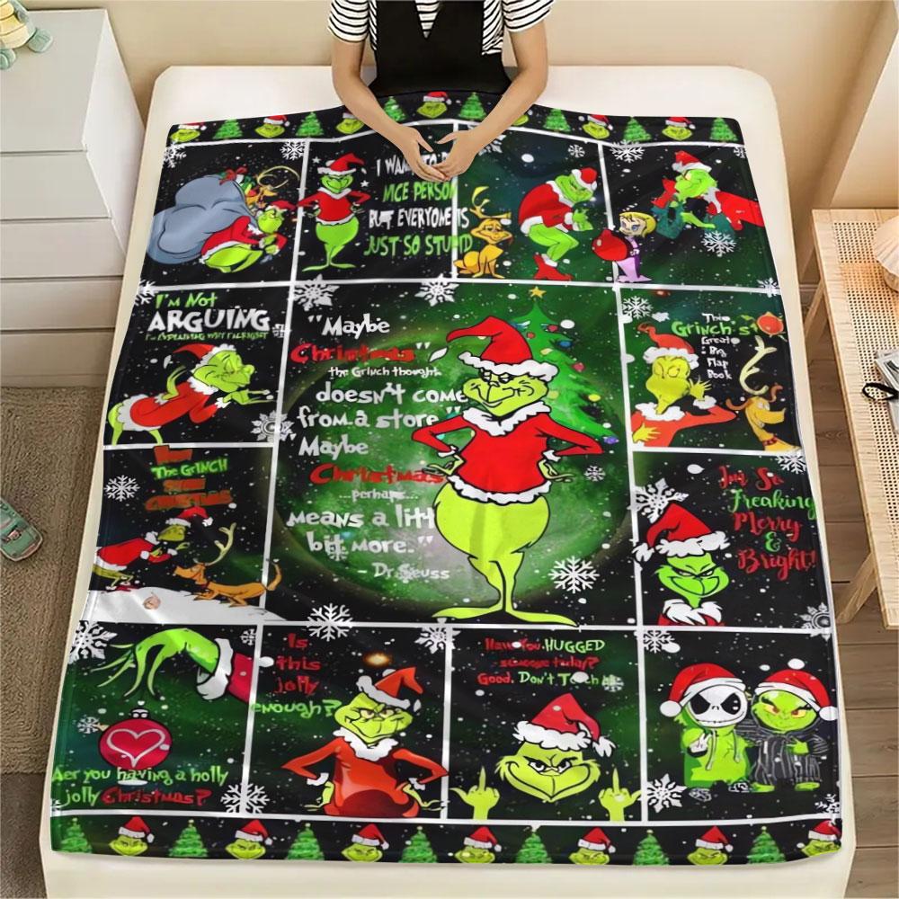 Christmas Grinch Cartoon printing Flannel Blanket Bedroom Sofa Camping Warm blanket Gifts for family and friends-MJ017