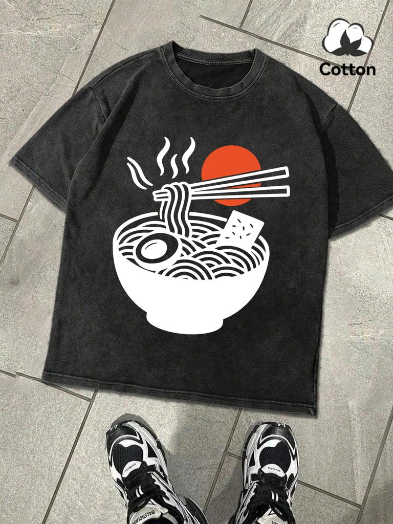 Steaming Lamian Noodles Washed T Shirt Mens Summer AllMatch Top Fashion Loose Short Sleeve Unisex Soft Cotton Streetwear