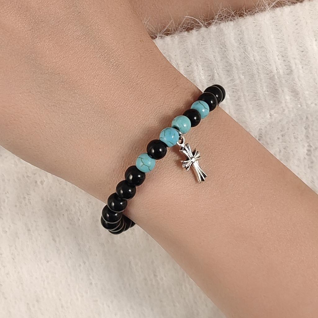 Браслет из черных бусин с крестом из бирюзы, ретро-этнический стиль, легкая роскошь, высококачественный модный браслет с темпераментом
