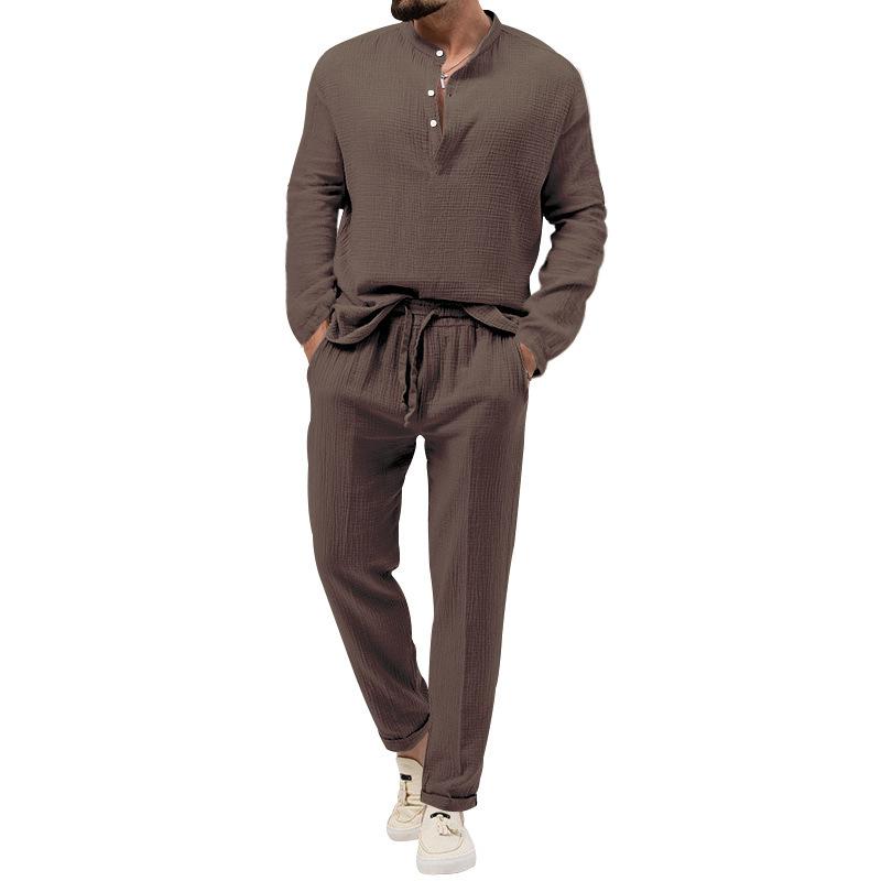 Spring Autumn Men's Solid Color Casual T-shirt Long-sleeved Shirt Trousers Suit