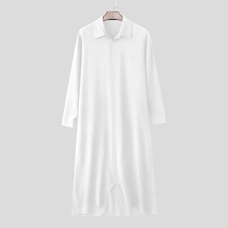 INCERUN Мужские рубашки-туники с отложным воротником, длинными рукавами, пуговицами, неровным подолом и высокими разрезами