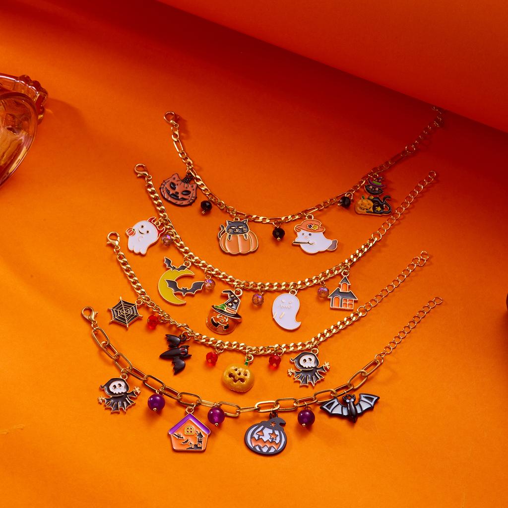 Halloween Ghost Pumpkin Black Cat Metal Chain Bracelet For Women Gold Plated Skeleton Spider Bat Bangles Festival Charm Jewelry