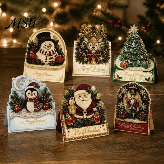 Snowman Santa Elk Craft Kits DIY Christmas Card Kit, 3D Pop-Up Faux Pearl Art Kit Wreath Card, Handmade Xmas for Family And Friends Projects