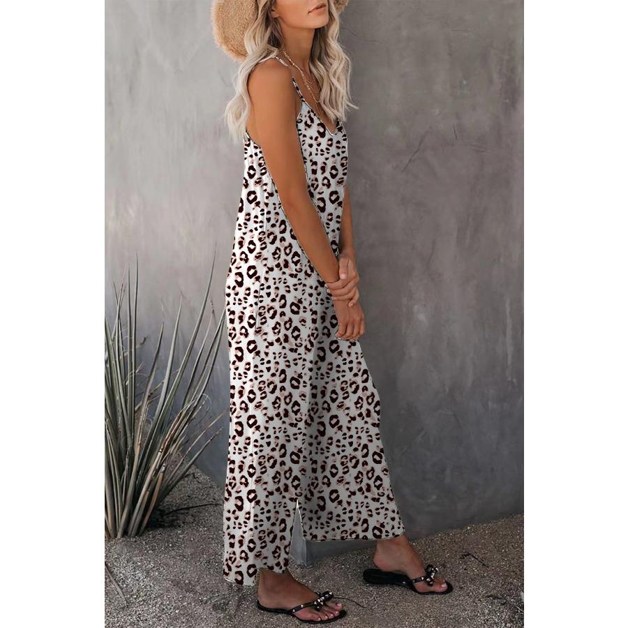 Summer Casual Beach Leopard Jumpsuit Women Spaghetti Strap Print Rompers Loose Pocket Sleeveless Jumpsuits