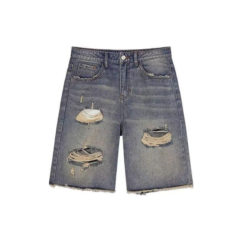Женские джинсовые шорты с высокой посадкой - Рваный необработанный край, Слим-фит, Джинсы средней длины с прямыми штанинами, Тренд