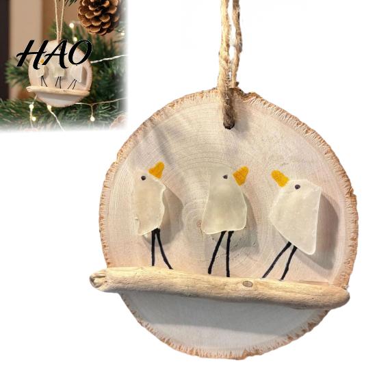 Warm Friendship Gift Idea Handmade Sea Glass Bird Wooden Hanging Ornament, Coastal Seagull Decor for Unique Window Art Christmas Tree, Beach