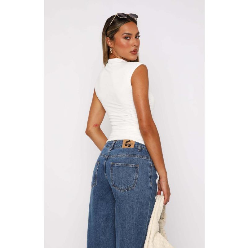 Женский летний однотонный плиссированный тонкий топ без рукавов с полувысоким воротом и простым комфортом