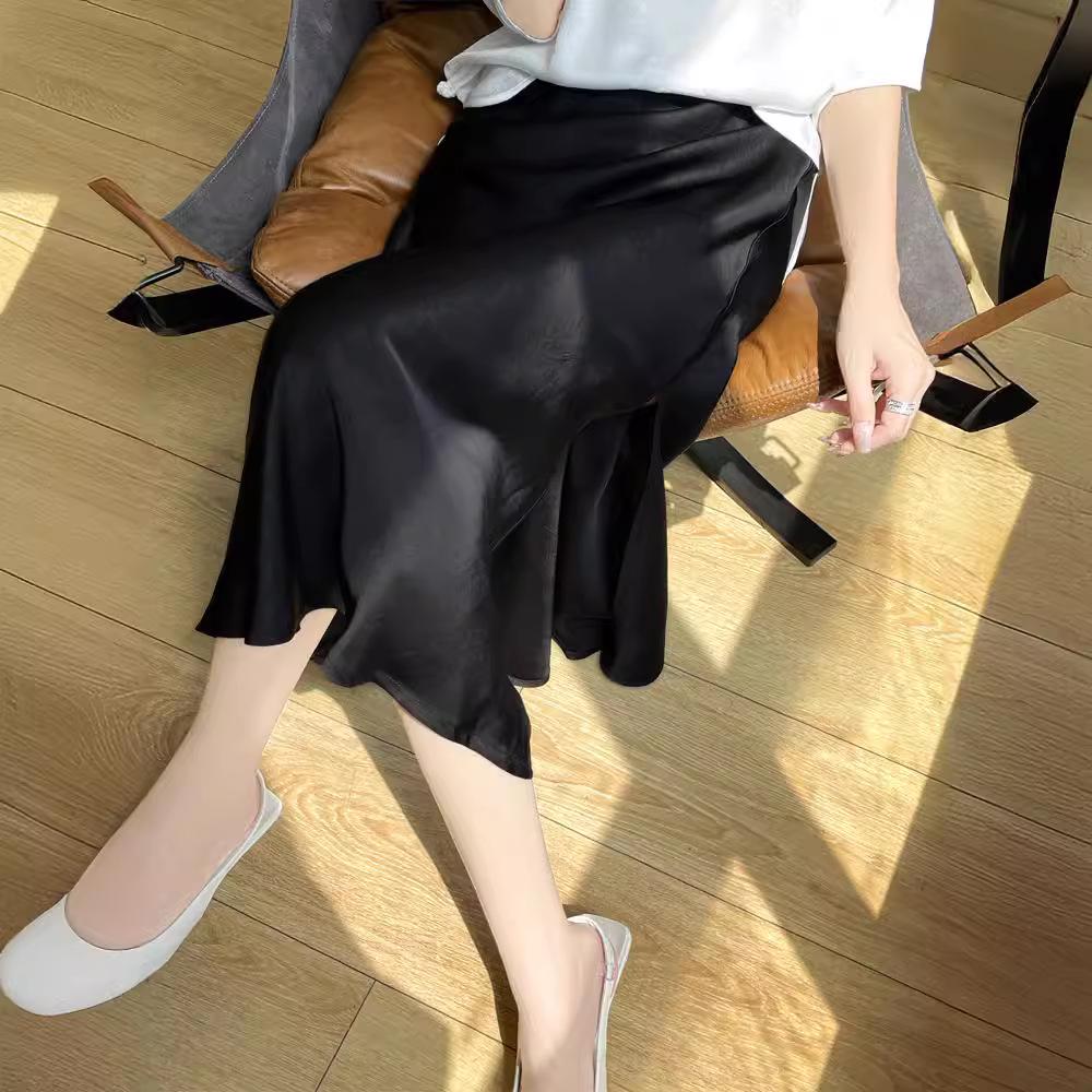 Женская плиссированная юбка-рыбий хвост из высококачественного шелка - лето 2024 г., однотонная, с высокой талией, с разрезом.