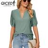 Летняя повседневная однотонная свободная футболка с v-образным вырезом и полыми рукавами-пузырьками, женский топ