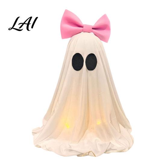 Ghost With Round Eyes Decor LED Decoration Halloween Pink Bow Tabletop Ornament Soft Party Fabric Haunted House with Warm Glow for Home Decoration