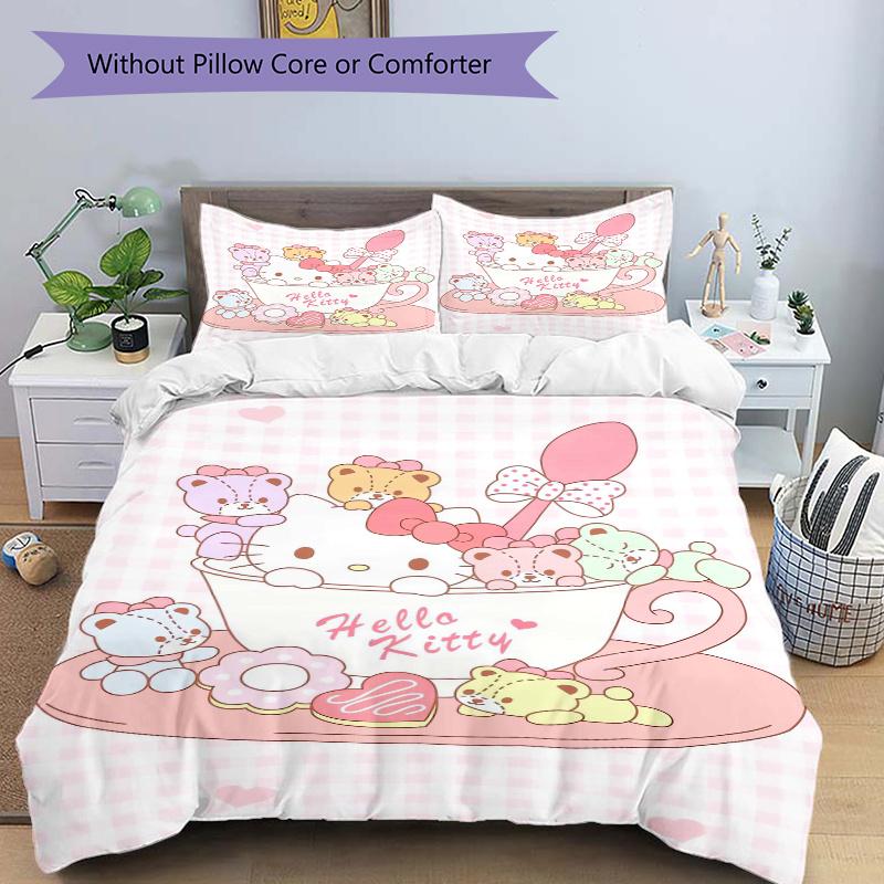 3pcs Sanrio Hello Kitty & Colorful Bear Bedding Set - 1 Soft Quilt Cover + 2 Pillowcases, Machine Washable - Suitable for All Seasons, Perfe