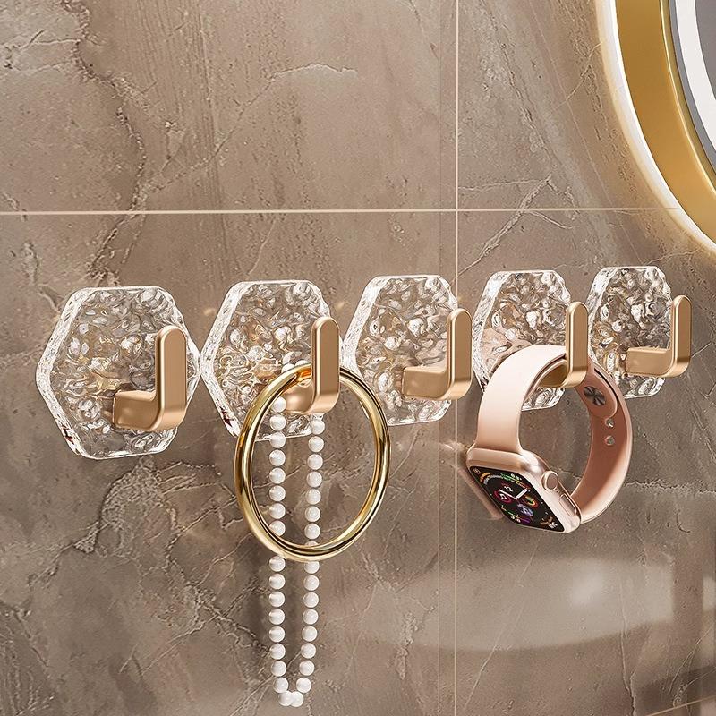 5PCS glacier pattern hook transparent light luxury bathroom non-punching wall hanging adhesive hook non-marking hook strong adhesive door hook
