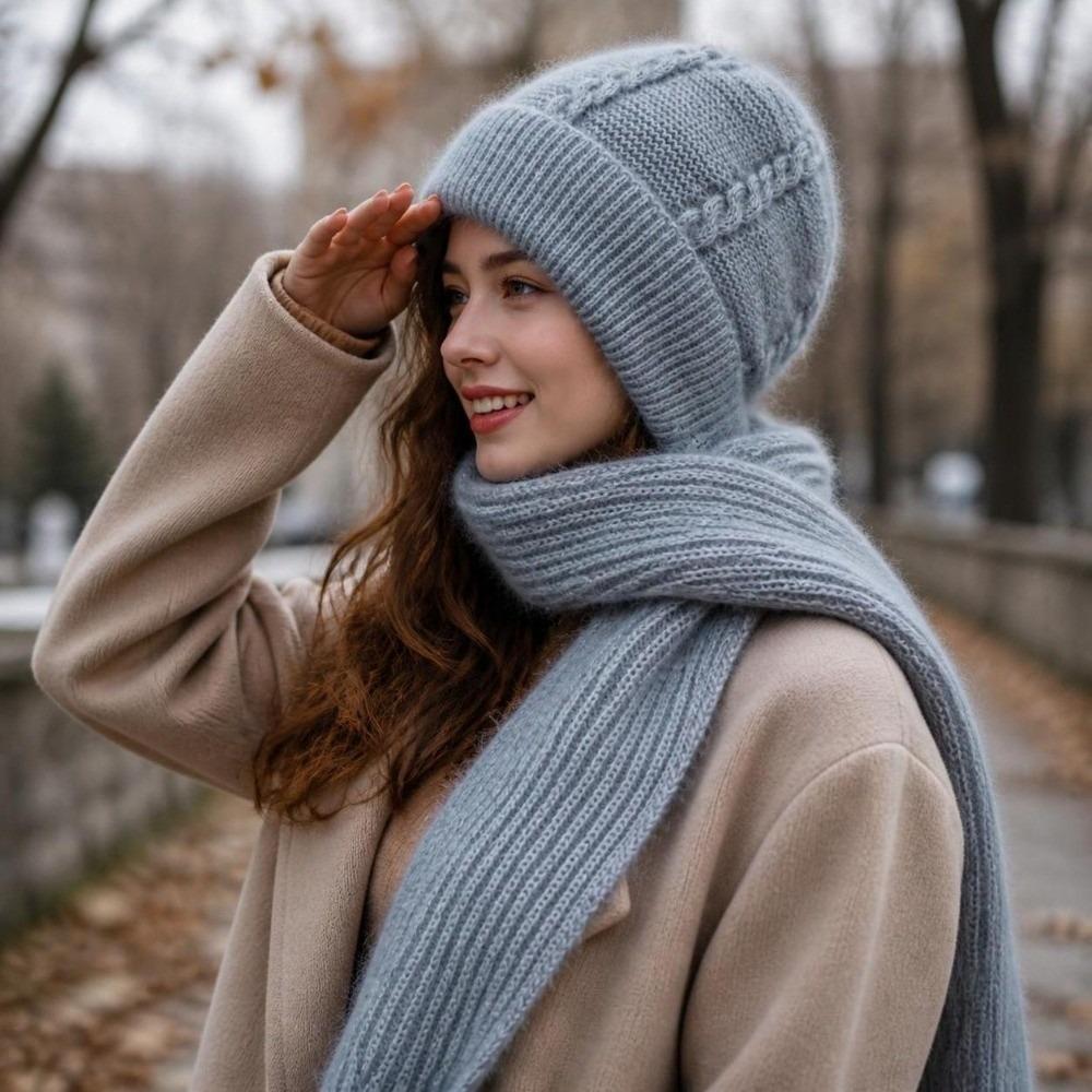 Solid Color Knit Beanie Scarf Soft Stretch Knit Beanie With Scarf Street Style