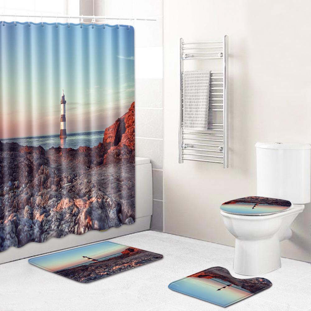 Пейзажная шторка для душа, коврик для пола, комбинация из четырех предметов, ковер для ванной комнаты и туалета, коврик для душевой комнаты, коврик для ног