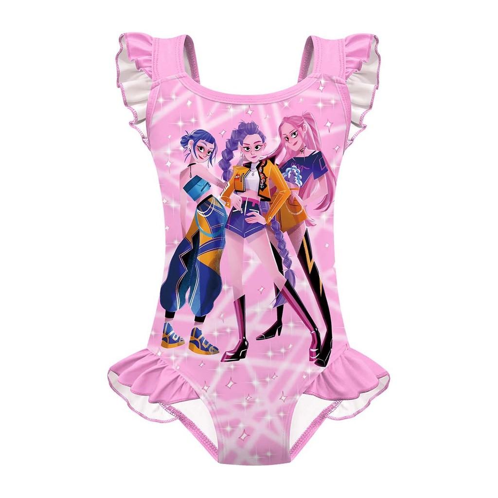 Детский Девочки Аниме Мультфильм K-POP Руми Зои Мира Принт Волан Без рукавов Слитный Купальник Купальный костюм