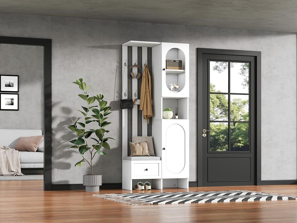 85*33.5*200cm Compact Wardrobe with 2 Cabinets, Storage Cabinet Made of Tempered Glass, White Entryway Cabinet, Coat Rack with Shoe Bench and Cushion