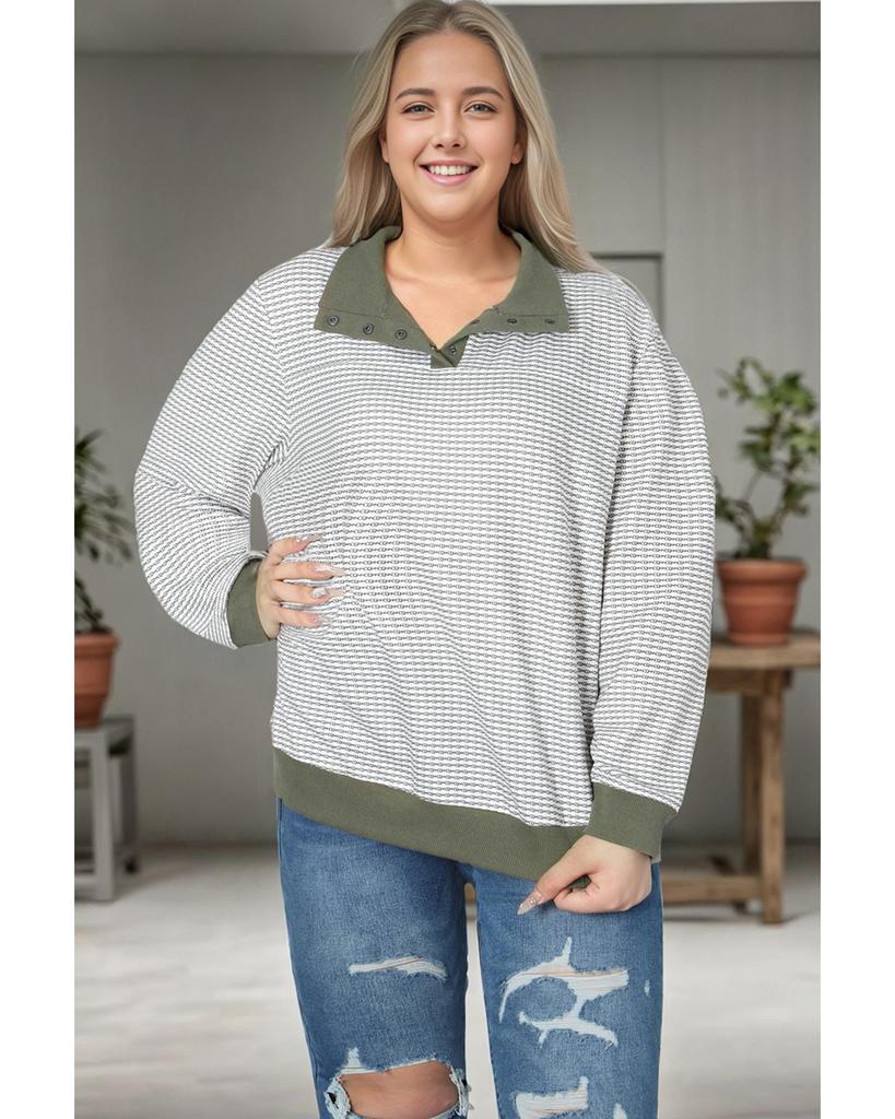 Azura Exchange Green Striped Contrasting Trim Plus Size Henley Pullover