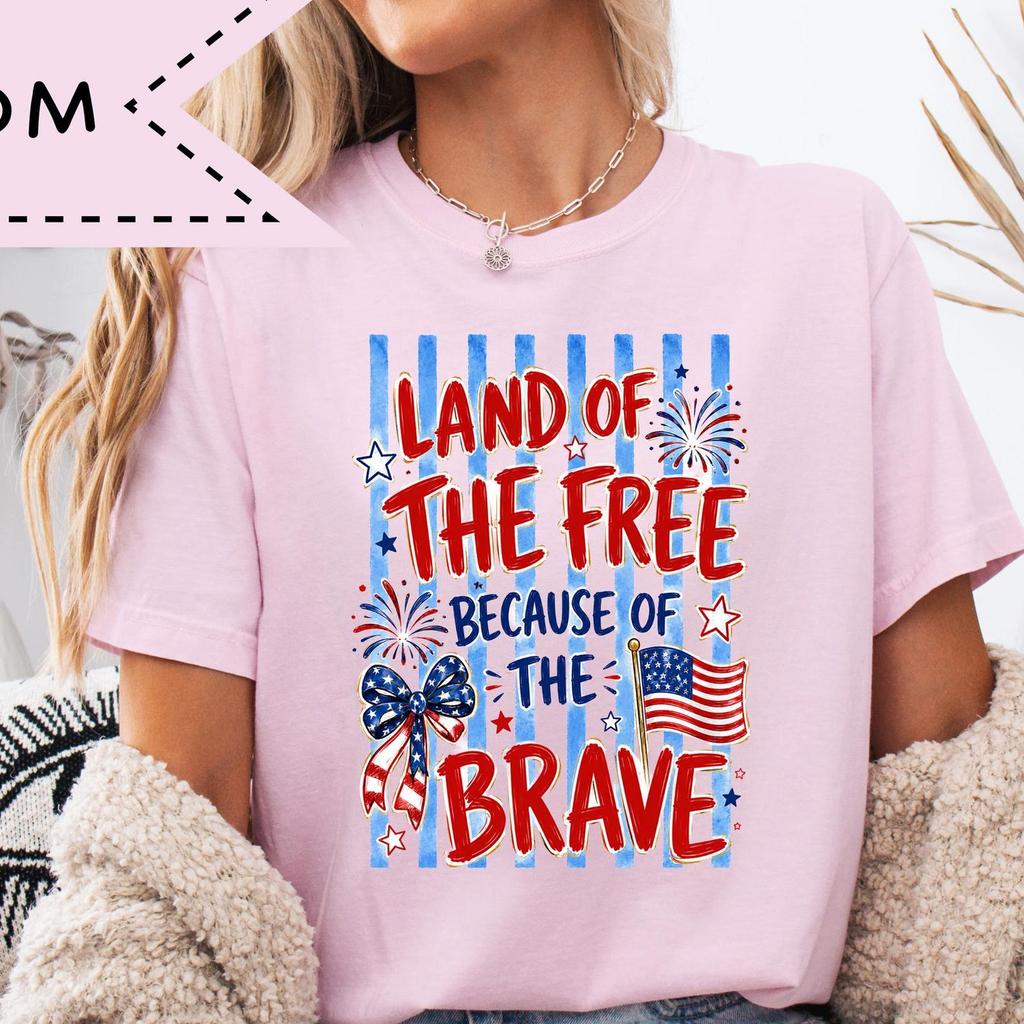 Land of the Free Because of the Brave 4th of July Patriotic Freedom Tee, Boho Independence Day Shirt
