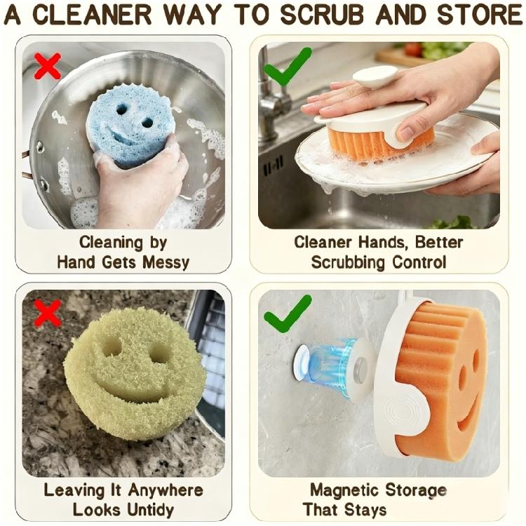 Space Saving Kitchen Sponge With Magnetic Mount And Ergonomic Handle For Wet Hands Dish Sponges for Washing Dishes