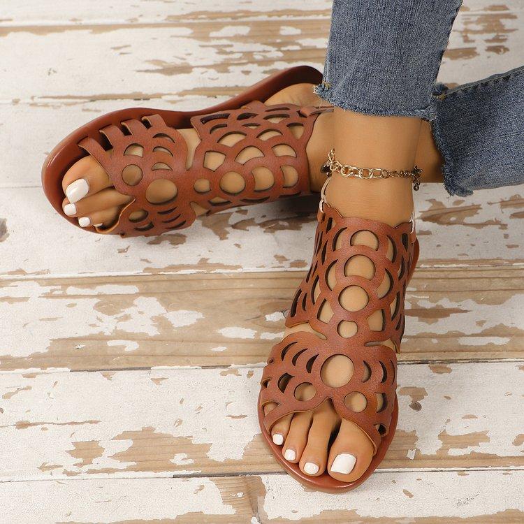 Женские сандалии на плоской подошве с пряжкой, новинка 2024 года, большие полые сандалии в стиле ретро, ​​женские сандалии в этническом стиле