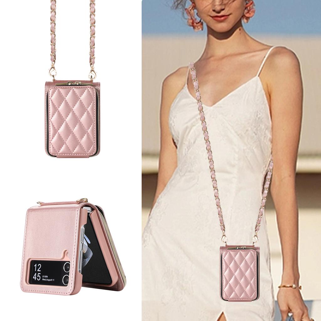 Crossbody Leather Zipper Cards Solt Wallet Case For Samsung Galaxy Z Flip 5 4 3 Z Fold 5 Fold4 Fold3 Metal Chain Lanyard Cover