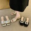 French thick heel silver temperament square buckle rhinestone one-word cool slippers women's shoes wear 2025 summer vacation sandals