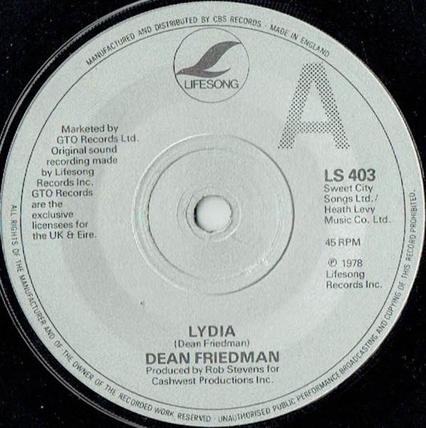 7-дюймовая пластинка DEAN FRIEDMAN - Lydia LS403 Lifesong 1978 UK Rock Б/у