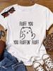 Cartoon Cat Print Cute  Breathable Topsitten DesignShort Sleeve FLUFF YOU Letter  Round Neck Fashion  Breathable Tops T-Shirt