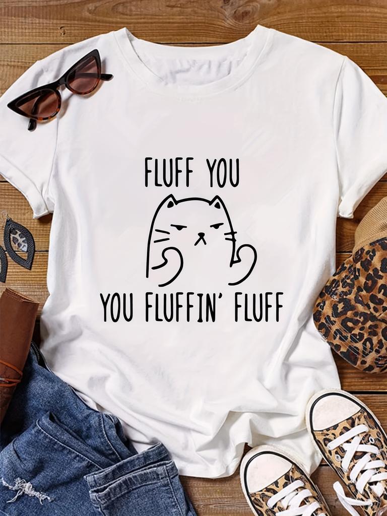 Cartoon Cat Print Cute  Breathable Topsitten DesignShort Sleeve FLUFF YOU Letter  Round Neck Fashion  Breathable Tops T-Shirt