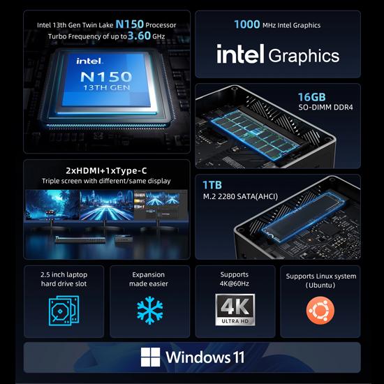 BMAX Мини-ПК B4 Turbo Процессор Intel 13-го поколения N150 3,6 ГГц, 4 ядра, 16 ГБ ОЗУ + 1 ТБ SSD, Windows 11, два порта HDMI Type-C, двухдиапазонный WiFi 5 и Bluetooth 5.0