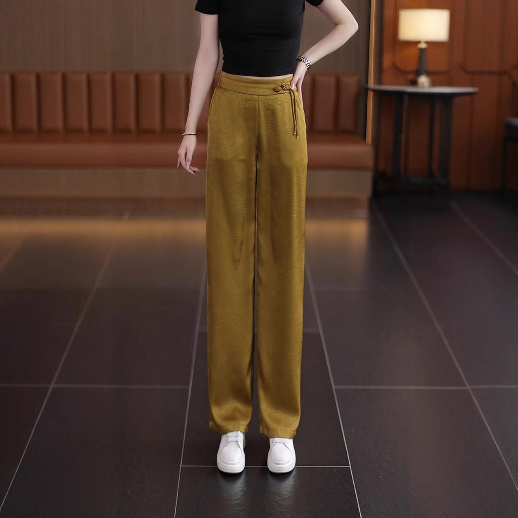 Брюки палаццо для женщин на лето из прохладного ледяного шелка, прямые брюки, новый китайский стиль, брюки с принтом на пуговицах