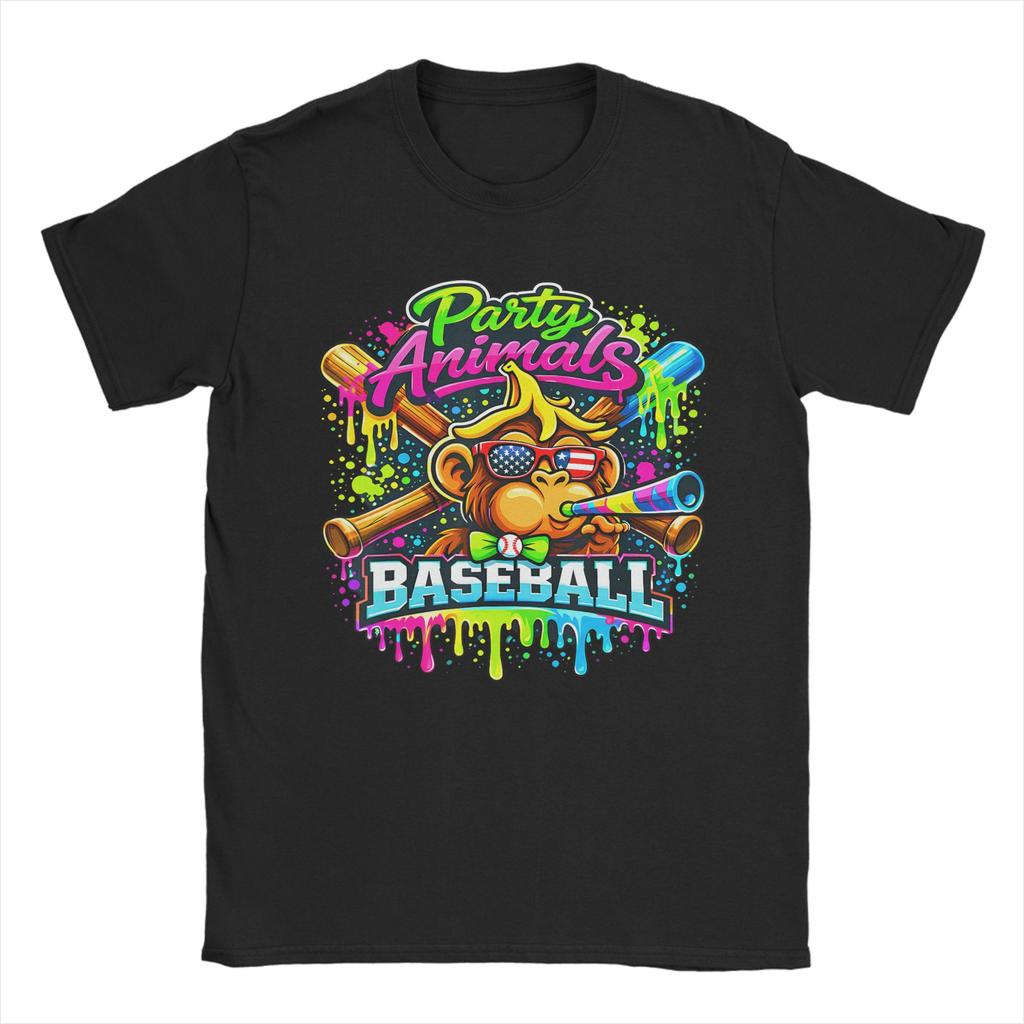 Party Animals Baseball Monkey T Shirt Unisex Pure Cotton Vintage TShirt Crewneck Tees Short Sleeve Clothing Big Size