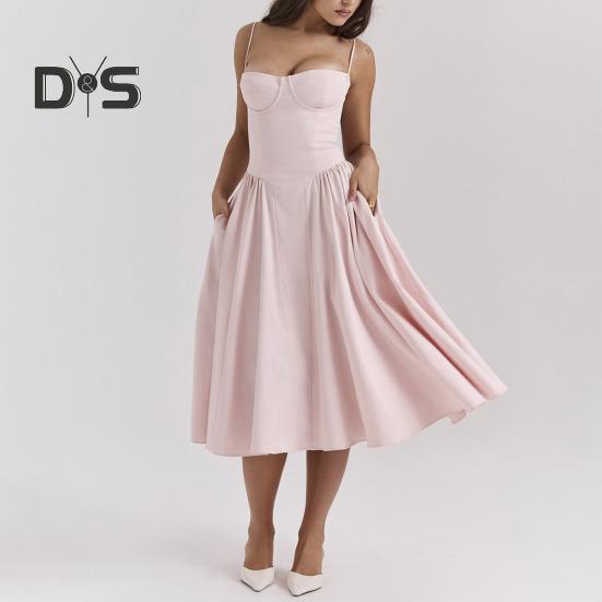 Женское платье с глубоким вырезом на тонких бретельках и открытой спиной без рукавов А-силуэта, большие качели, чистый цвет, тонкая талия, плиссированное платье миди для коктейльной вечеринки, выпускного вечера