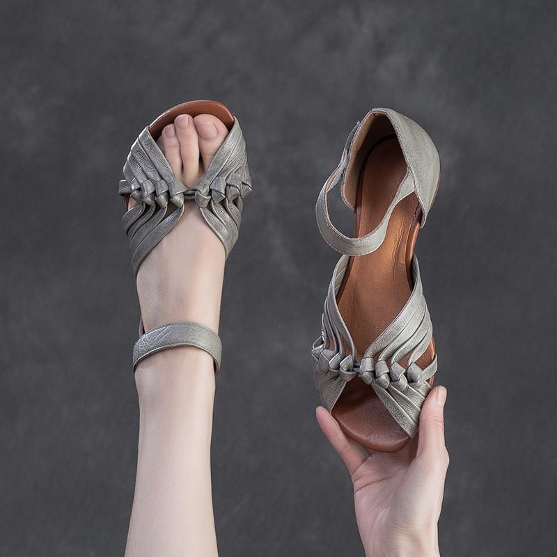 Fashion GKTINOO 2025 Summer New Peep Toed Hollowed Out Hand Woven Flat Sandals Genuine Leather Retro Low Heel Women's Shoes