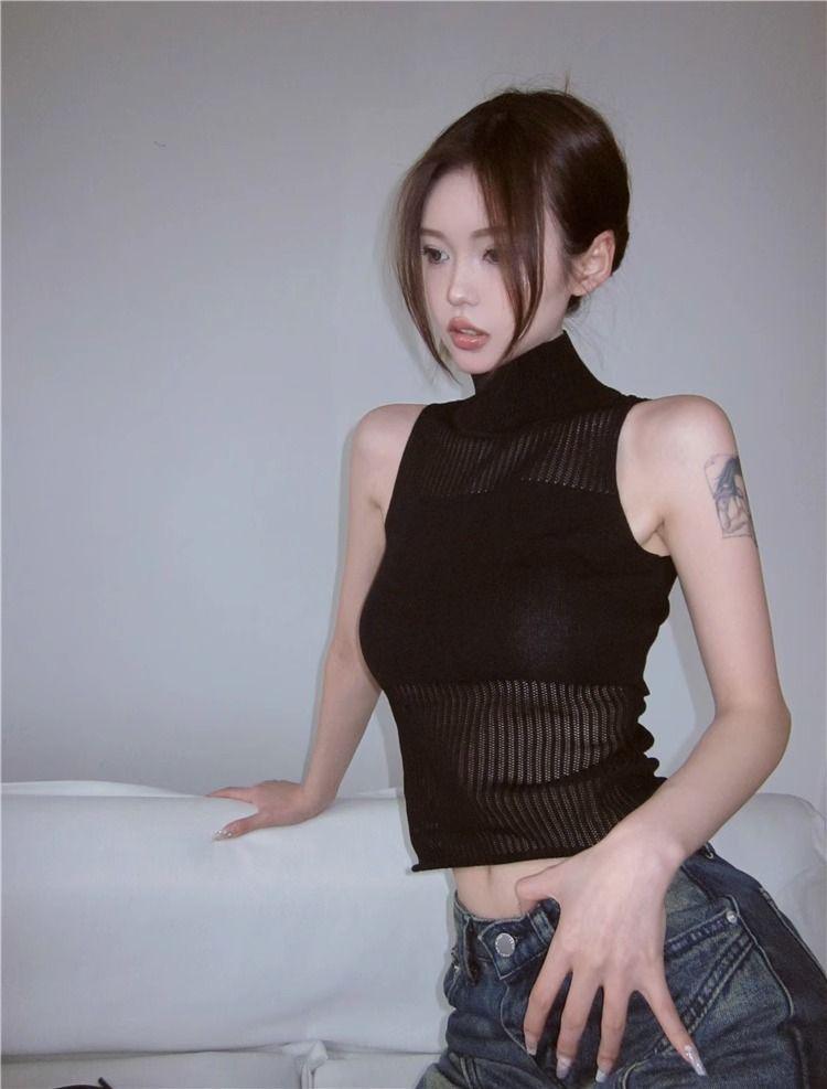 Летний пикантный топ-майка без рукавов с высоким воротом, вязаный кроп-топ - Женский французский ажурный короткий верхний слой