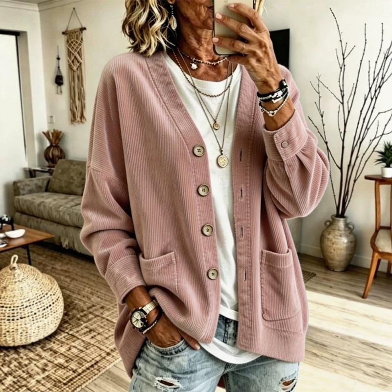 Women S Fall Lazy Style Corduroy V Neck Loose Drop Shoulder Button Cardigan Coat