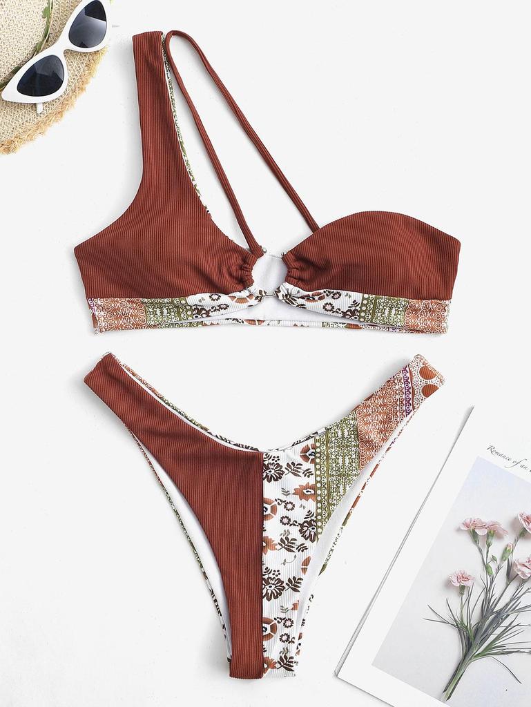 ZAFUL Metal Ring One Shoulder Ethnic Printed Bikini Swimwear