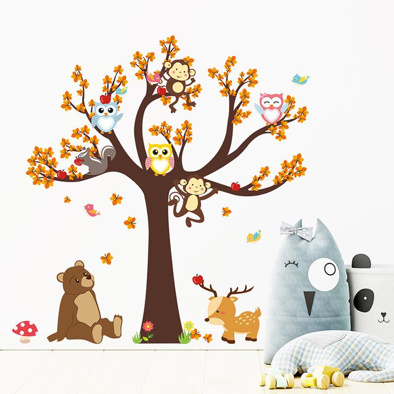 Cartoon Animal Owl Monkey Tree Wall Stickers Children'S Room Decoration Mural Decals Home Decoration Cute Animal Stickers