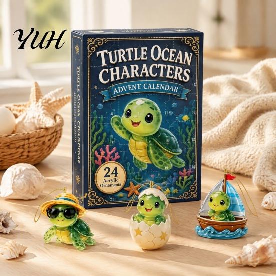Ocean Turtle Hanging Ornaments 24 Days Advent Calendar, Blind Box, Christmas Acrylic Collectible Desk Animal Pendants for Tree And Holiday Party