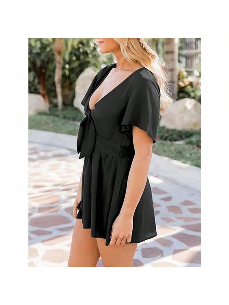 Women's Beach Jumpsuit Wide Leg V Neck Front Tie Summer Casual Romper