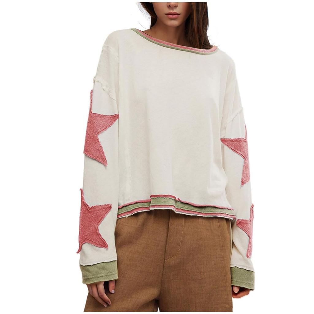 Womens Oversized Sweatshirt Graphic Sweater Long Sleeve Drop Shoulder Round Shirt Tops Vintage Clothes