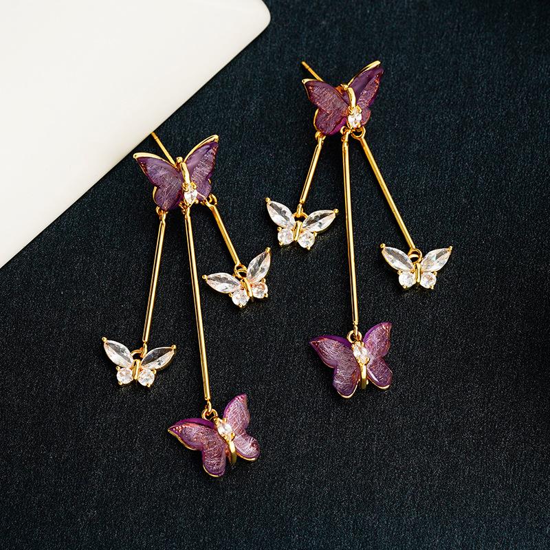 Purple Crystal Butterfly Dangle Earrings Women Long Elegant Luxury Fringe Earrings Simple Fashion Jewelry