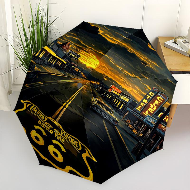 Route 66, Neon Signs Themed Automatic Opening and Closing Umbrella, Brightly Colored 8-rib Portable Umbrella, Suitable for Men and Women, A