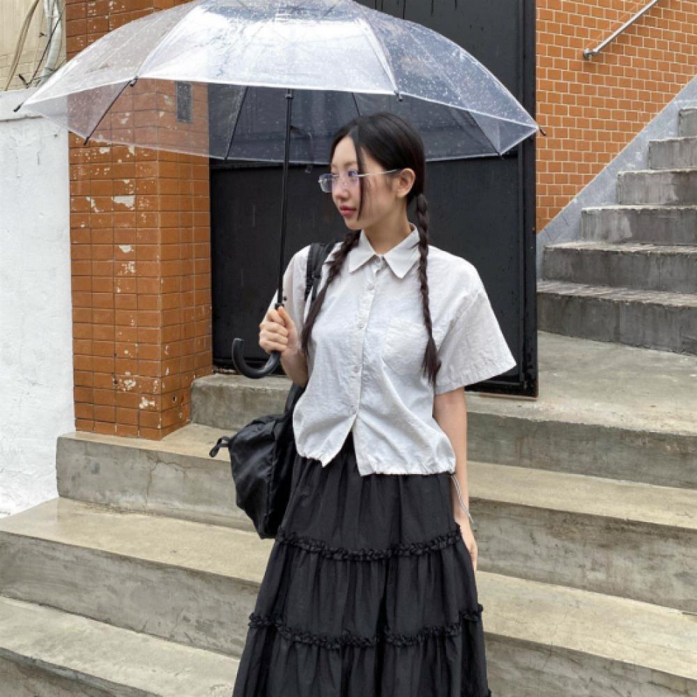 New Arrivals Open Run Women String Hem Semi Crop Short Sleeve Shirt