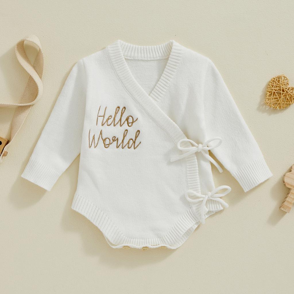 Baby Girls Sweater Romper Letter Embroidery Tie Up Long Sleeve Jumpsuits for Newborn Infant Toddler Fashion Clothes