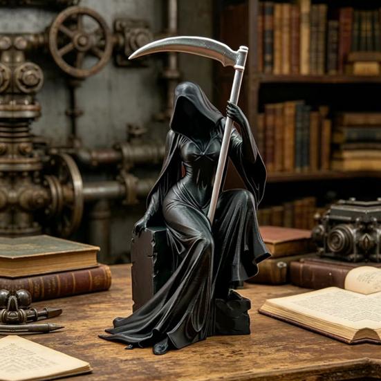 Grim Reaper Figurine with Scythe 3D Printed Mysterious Female Grim Reaper Statue Gothic Spooky Sculpture for Bookshelf Desk