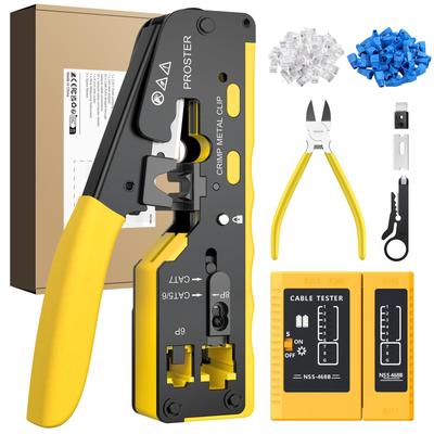 Proster Обжимной инструмент RJ45 для LAN-коннекторов, совместим с CAT5/CAT6/CAT7, включает сквозные коннекторы RJ45, тестер кабеля, сменные лезвия, Japa